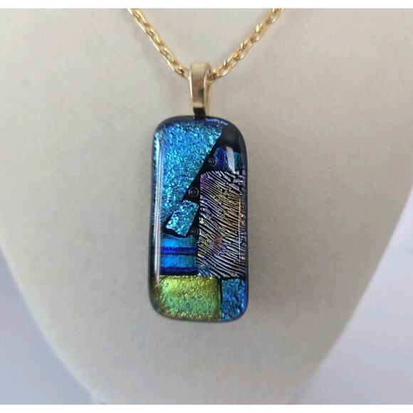 Vintage Fused Dichroic Glass Handmade Pendant Necklace Aqua Blue Gold Tone Chain - Picture 1 of 9